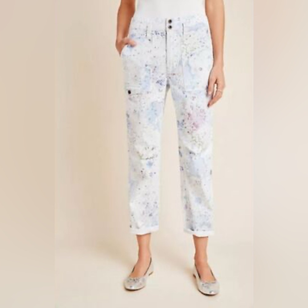 ANTHROPOLGIE Wanderer Water Color Utility Pants Blues Violet White Size 26
